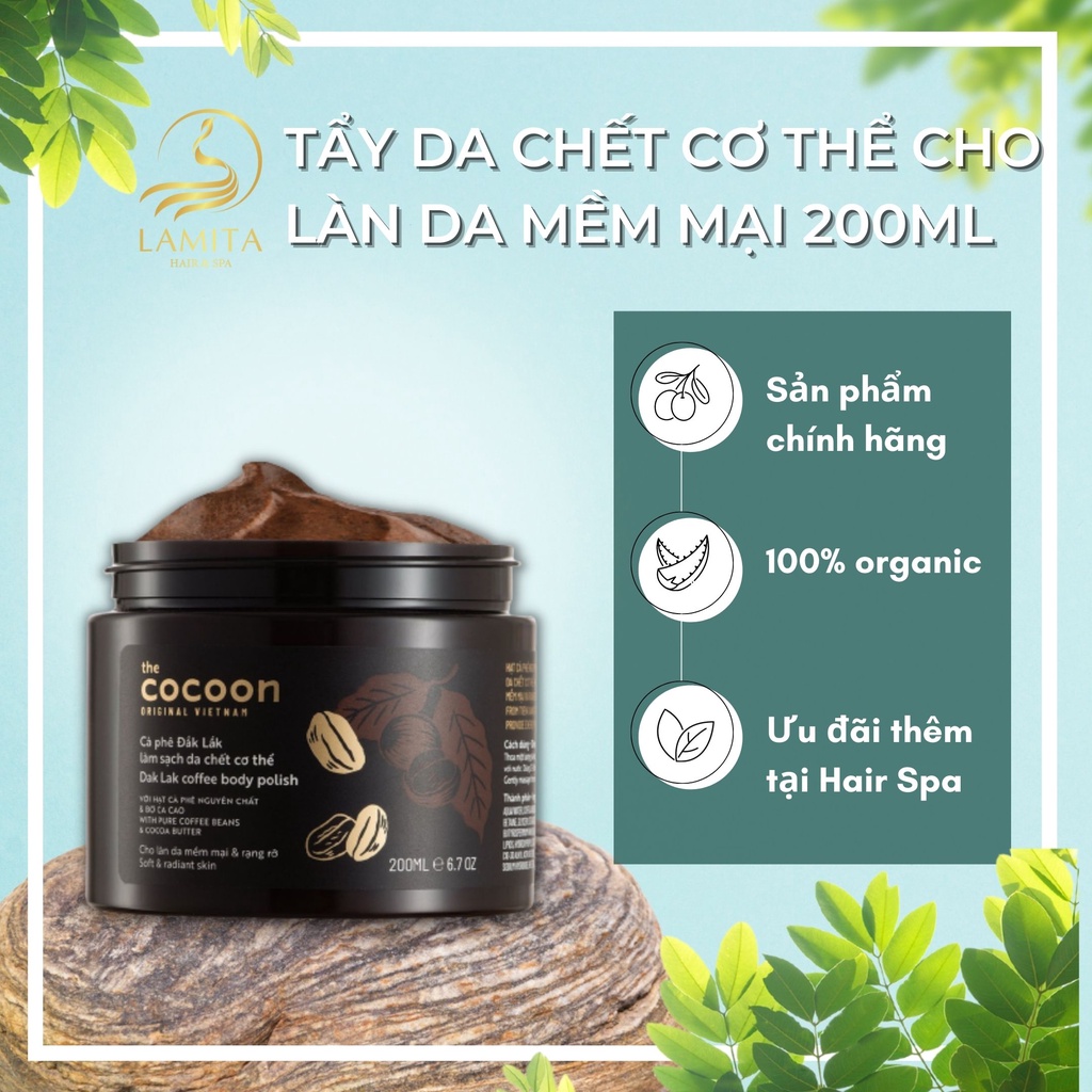 Tẩy da chết cơ thể cà phê Đắk Lắk Cocoon cho làn da mềm mại và rạng rỡ 200ml Lamita Hair Spa - LS036