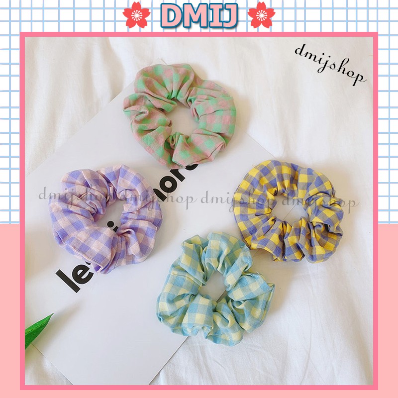 Cột Tóc Vải Scrunchies Họa Tiết Caro Phong Cách Nhật Bản