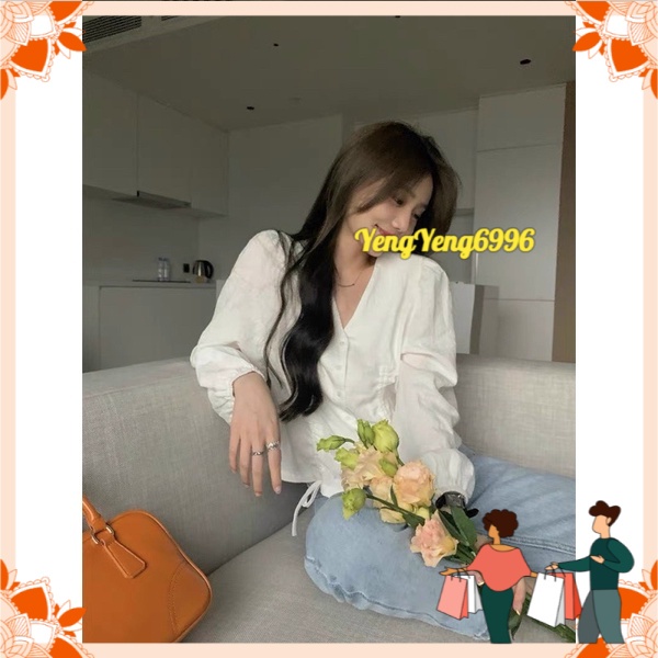 ANU492 ÁO SƠ MI NHUNG CỔ V RÚT DÂY CÁCH ĐIỆU CHO NỮ