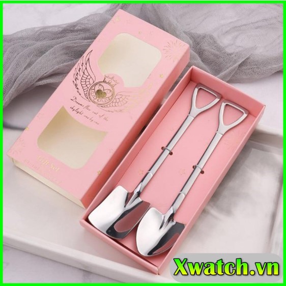 Có hộp Bộ đôi Muỗng thìa inox cán dài cao cấp hình chiếc xẻng nhiều màu làm quà tặng ý nghĩa