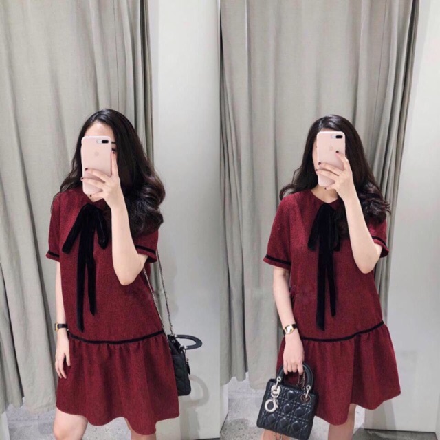 Váy suông đuôi cá nơ cổ, chất dạ mỏng có ảnh thật và clip | BigBuy360 - bigbuy360.vn