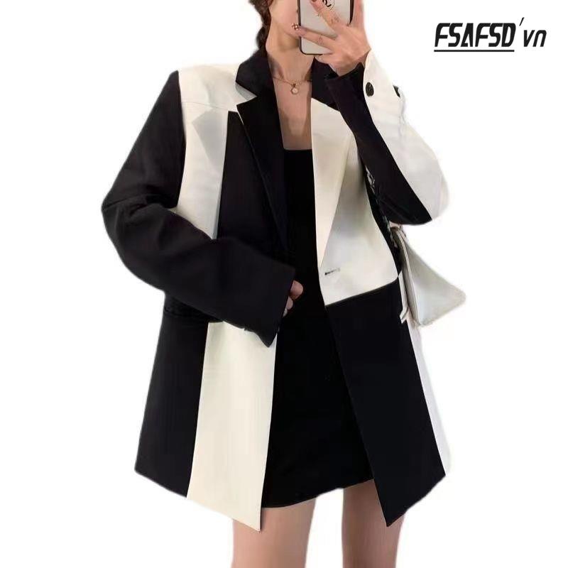 Áo Khoác Vest Dáng Rộng Cỡ Lớn Phối Màu Đen Trắng Thời Trang Xuân Thu 2022 Cho Nữ