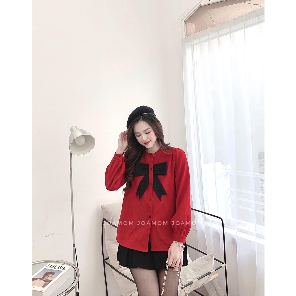 Áo sơ mi bầu dạ đỏ phối cách điệu cao cấp Joamom Ab133