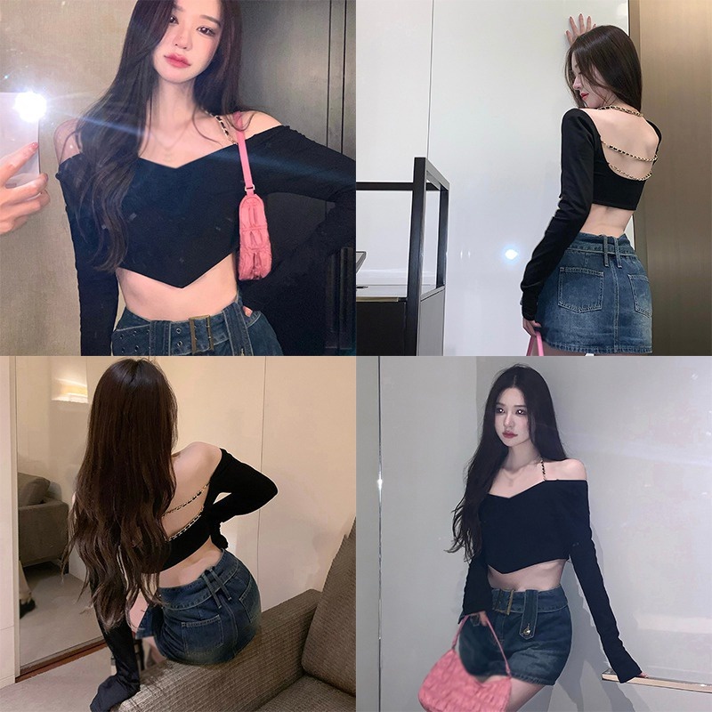 Áo Thun Croptop Tay Dài Màu Trơn Hở Lưng Phối Dây Xích Phong Cách Hàn Quốc