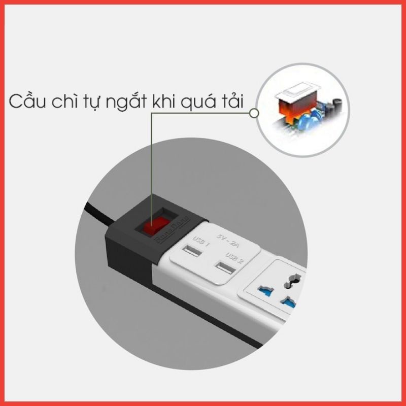 Ổ Cắm Điện Đa Năng Rạng Đông 2 Cổng USB, Sạc Nhanh 5V-2A, Ổ Điện Chịu Tải 2500W, Tích Hợp Rơ Le Tự Ngắt, Dây Nối Dài 3M