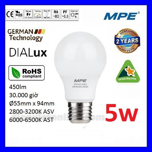 Bóng led bulb 5W cao cấp MPE ( tiêu chuẩn Châu Âu ) - Điện Việt