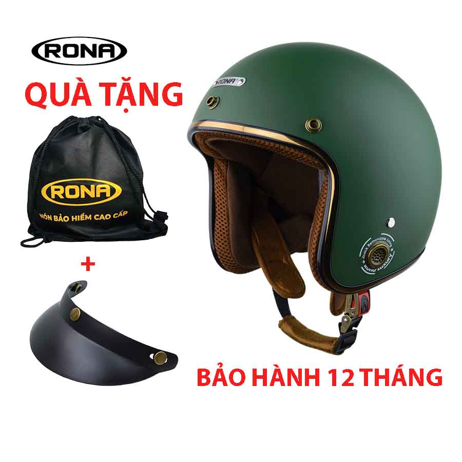 Mũ bảo hiểm 3/4 RONA màu xanh lính rêu nhám chính hãng, bảo hành 12 tháng, freeship toàn quốc