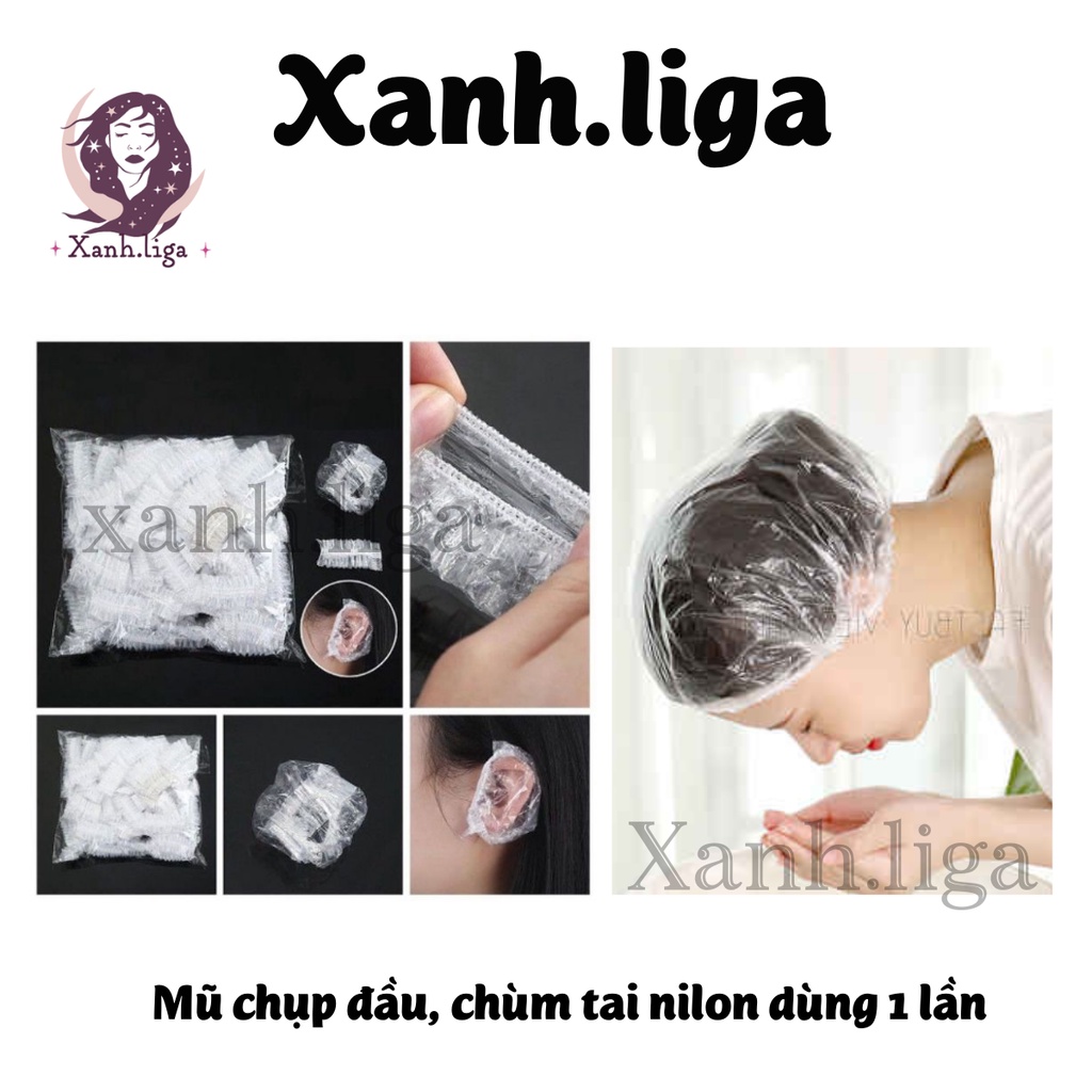 Chụp chùm tai nilon dùng 1 lần, Mũ chụp tóc chùm đầu, dụng cụ nhuộm tóc làm hóa chất bảo vệ tai Xanh.liga