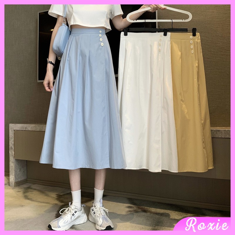 Chân váy vintage dài cạp chun phối khuy dáng suông, Chân váy cạp cao công sở - Roxie