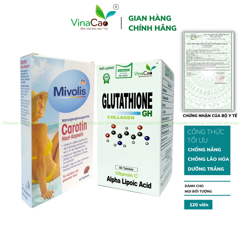 (120 viên) Combo viên trắng da và chống nắng toàn diện Glutathione Collagen GH 600mg và Mivolis Carotin nhập khẩu Đức