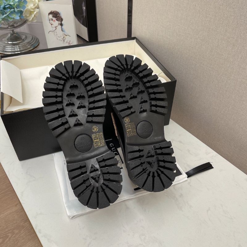 Giày lười loafer nữ da thật mũi tròn đế răng cưa cao 5cm Gucci GC