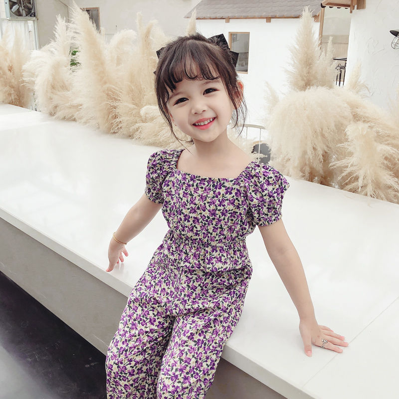Cô gái bông mùa hè phù hợp với bong bóng tay áo và hoa màu tím hai mảnh 2021 mới công chúa thời trang trang phục PAPAYA
