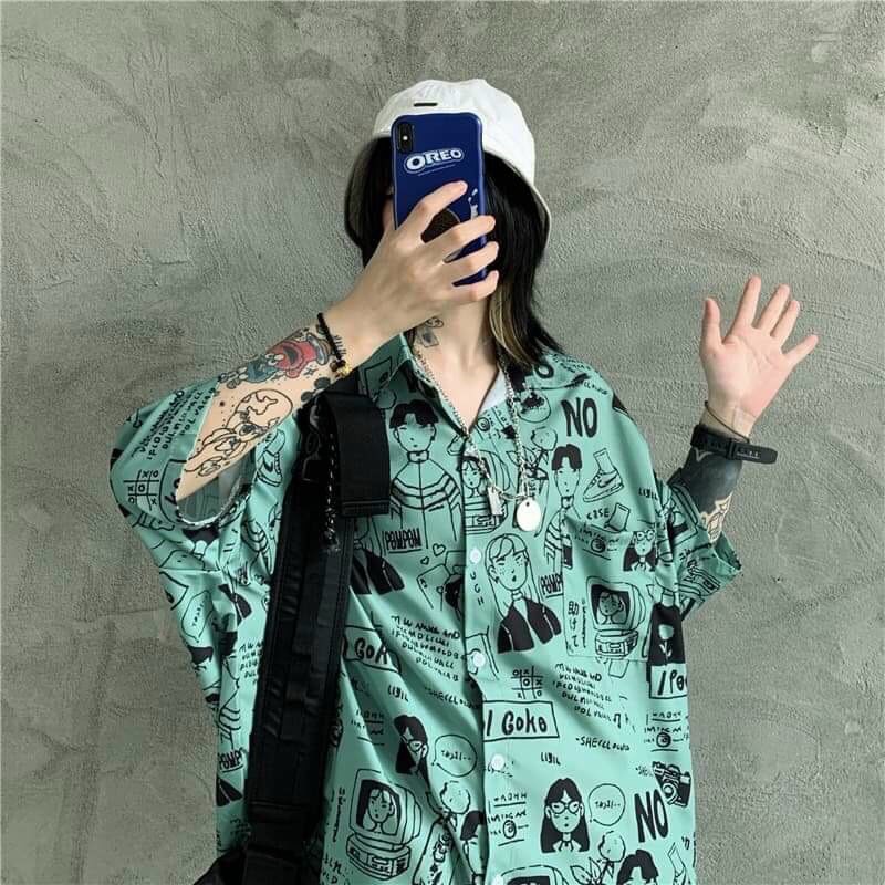 Áo sơ mi unisex chiffon tay ngắn in họa tiết hoạt hình thời trang | BigBuy360 - bigbuy360.vn
