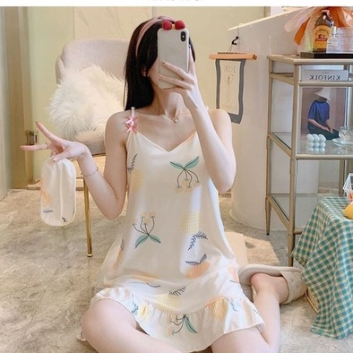 V031 Set váy ngủ có đệm mút 2 dây kèm bịt mắt chất cotton thun sữa Đầm mặc nhà đuôi cá hai dây gắn nơ cổ V pijama