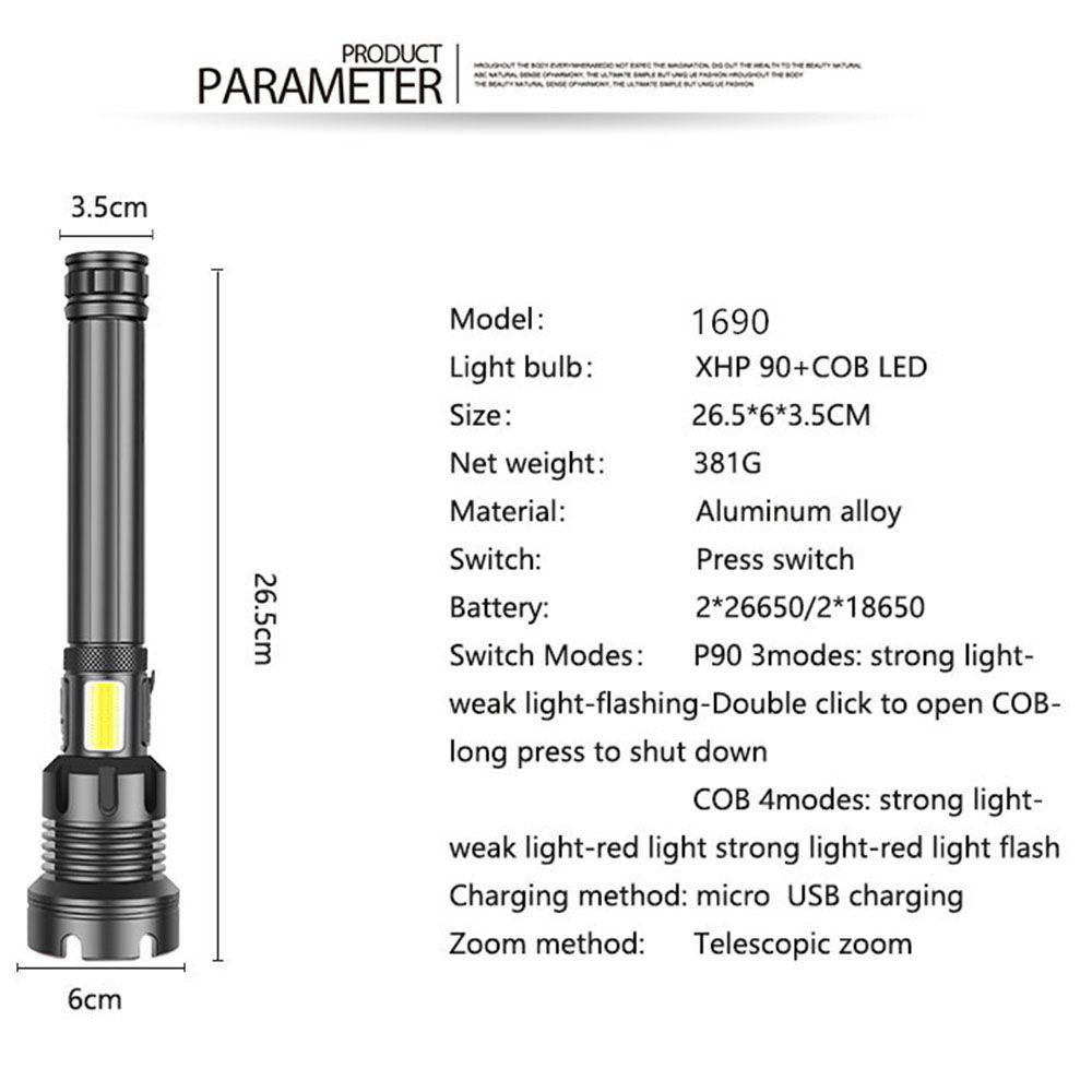 Đèn Pin LED Xhp160 + Cob Có Thể Sạc Lại Siêu Sáng Tiện Dụng