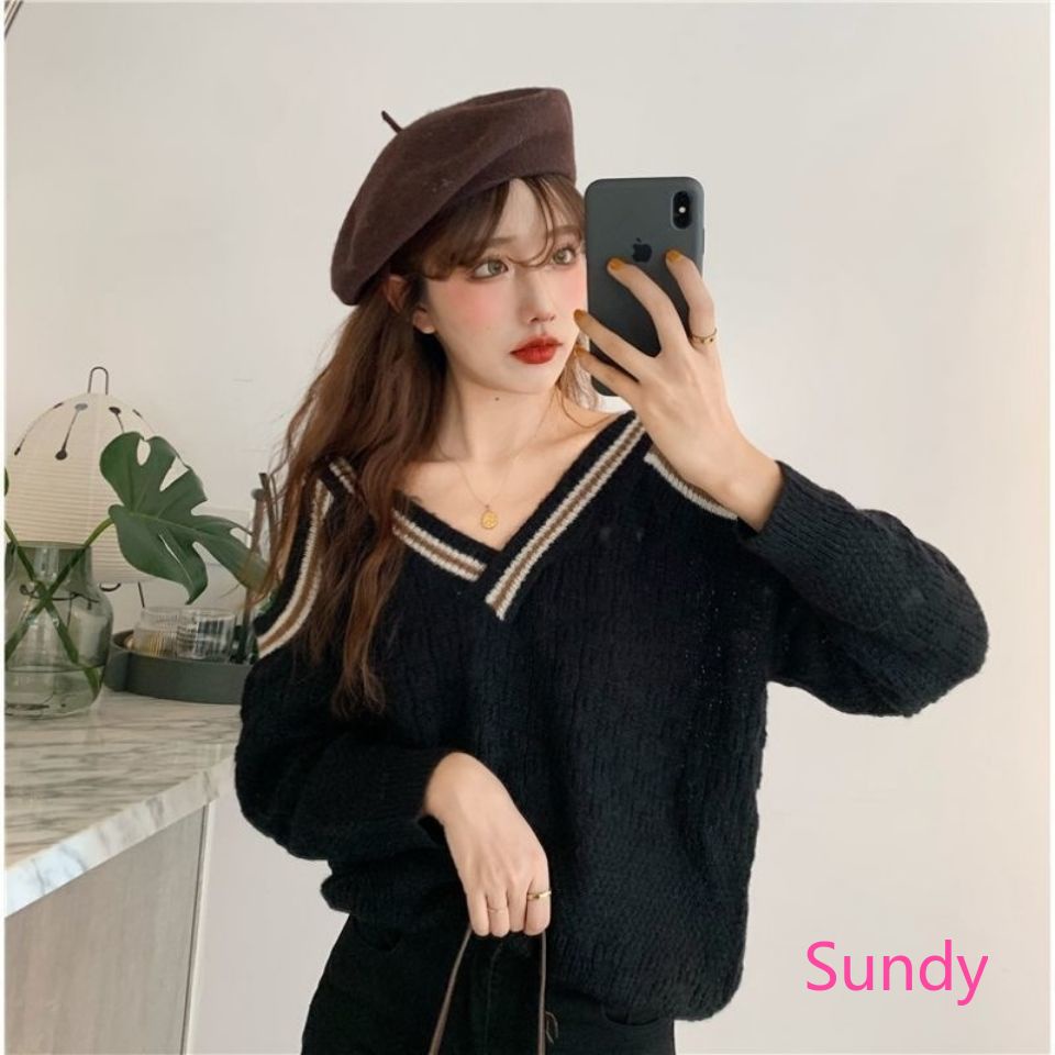 Áo sweater dệt kim dáng rộng cổ chữ V hở vai thời trang mùa thu dành cho nữ