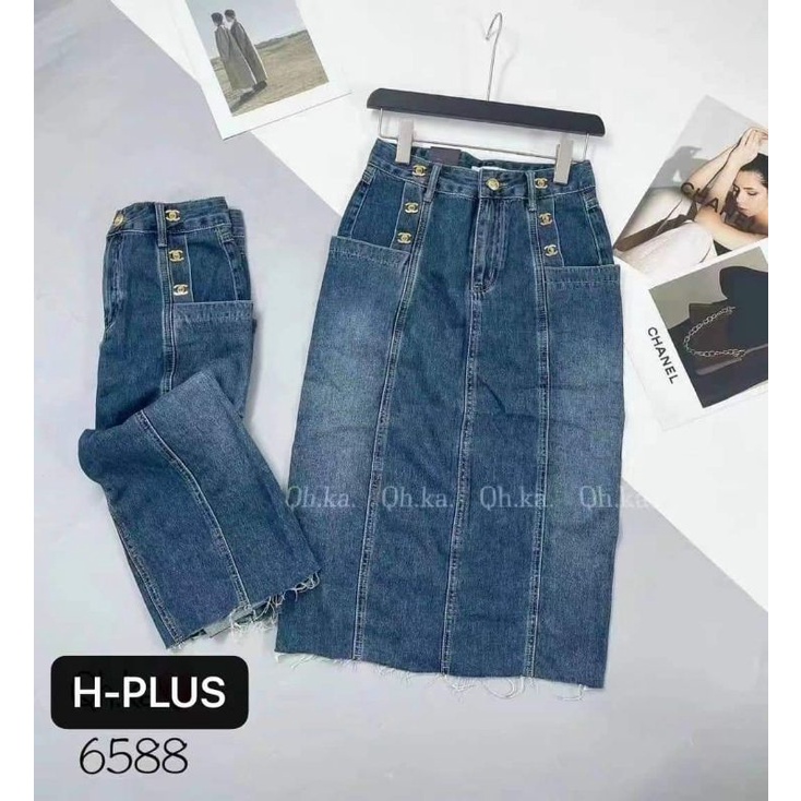 Chân váy jeans dài đính chữ x hàng QCL1