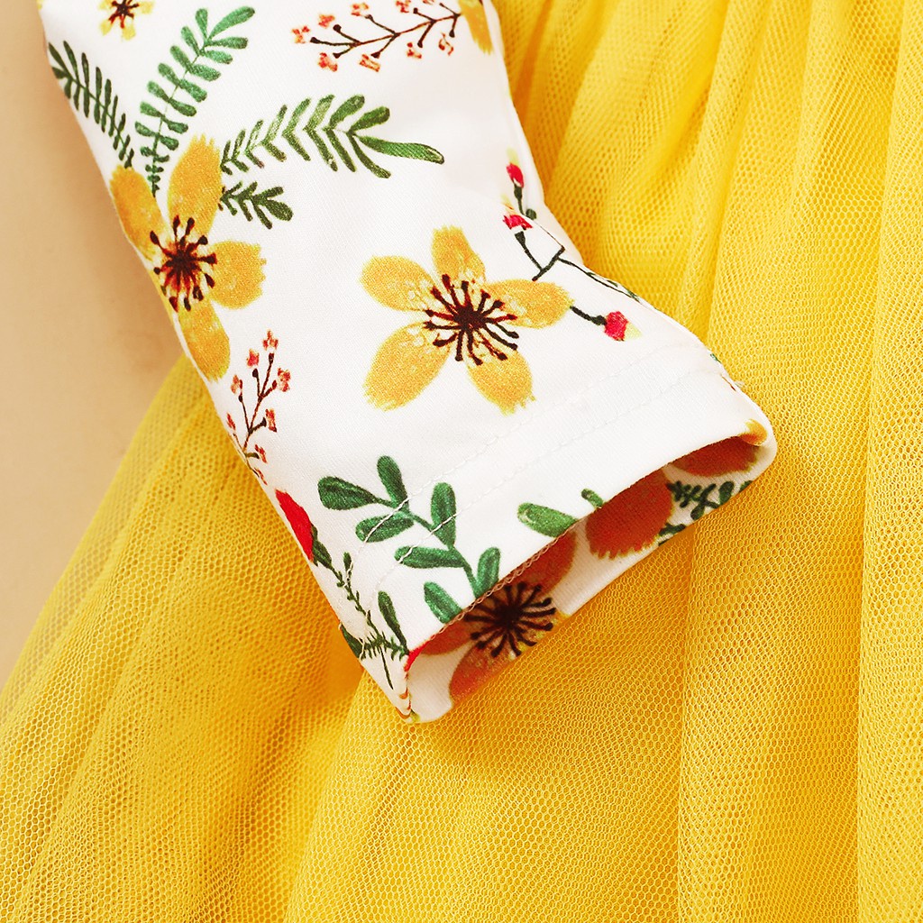 Đầm xòe công chúa MIKRDOO tay dài bằng vải tuyn in hoa vàng trang phục ngày lễ cho bé gái sơ sinh 0-3 tuổi