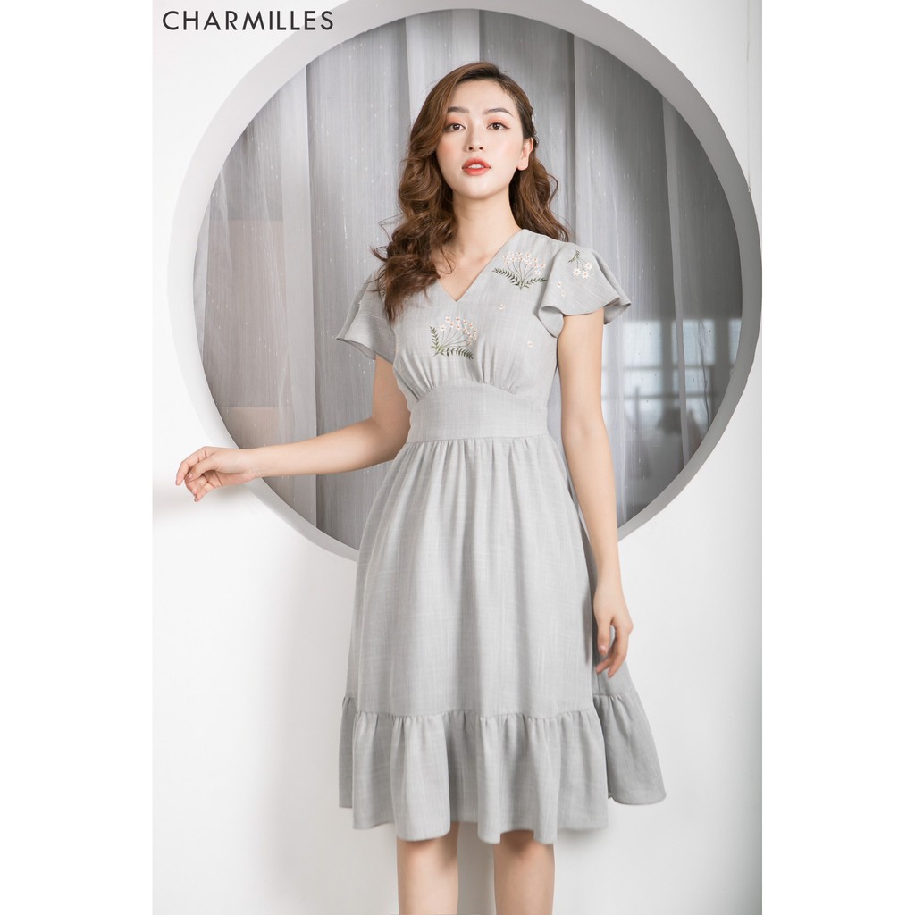 Đầm cộc tay thêu hoa Charmilles màu ghi đá size L