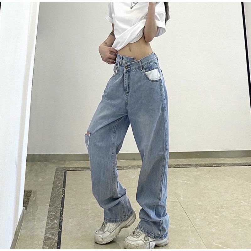 Quần Jeans Xanh Nút Lệch Rách Ống Rộng Phong Cách Ulzzang Hàng Nhập Không May Lại Hot Trend 2022