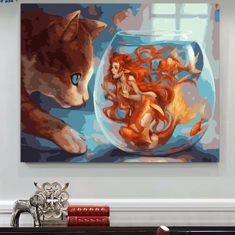 Tranh trang trí treo tường sơn dầu tự tô Sondausohoavn chú mèo và nàng tiên cá CN4347