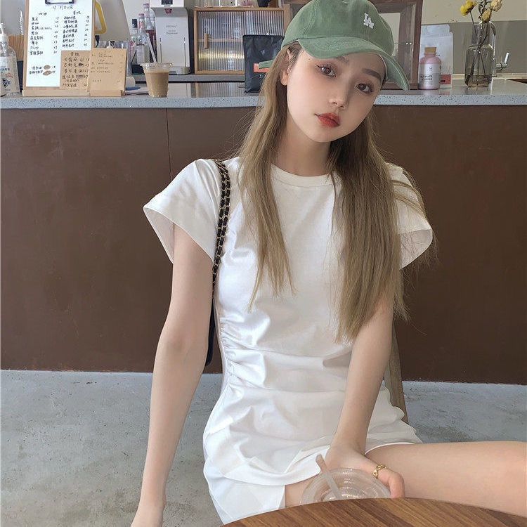 Đầm nữ IELGY tay ngắn dáng ôm màu trơn xẻ tà thời trang Hàn Quốc