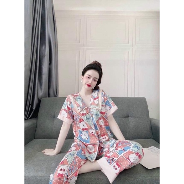 (SALE+HOÀN 10K) Đồ bộ pijama - Bộ lụa satin dài cổ vuông hoạ tiết chất bao mát