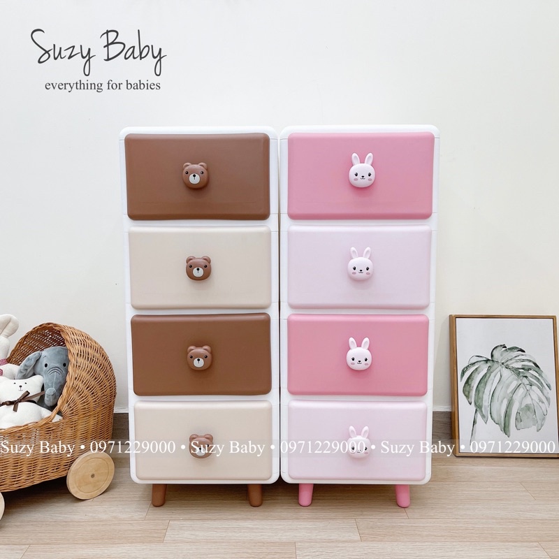 Tủ Nhựa Ngăn Kéo Cho Bé Thỏ Hồng - Gấu Nâu( 3Tầng/4Tầng/5tầng), Suzy baby