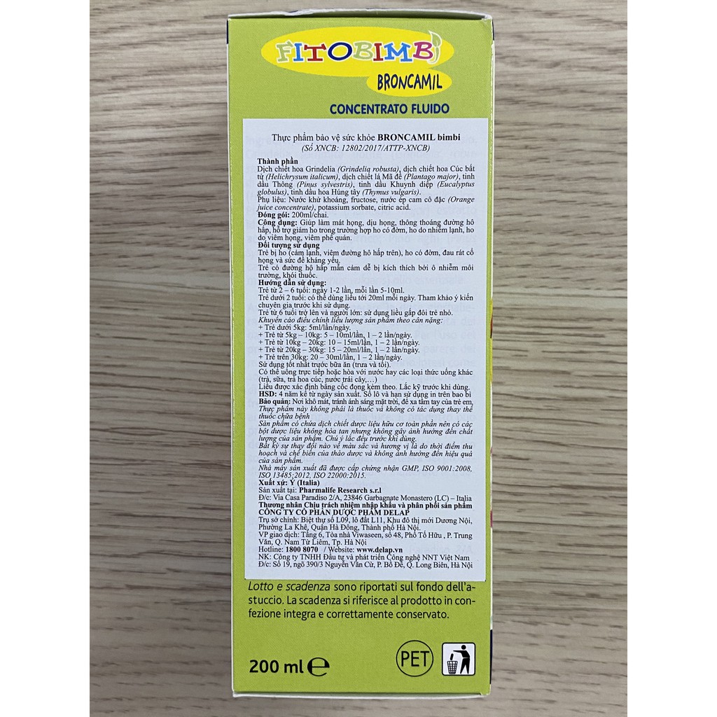 Fitobimbi Broncamil.Giảm Ho Đờm,Viêm Họng,Viêm Phế Quản.Làm Dịu Mát Đường Hô Hấp