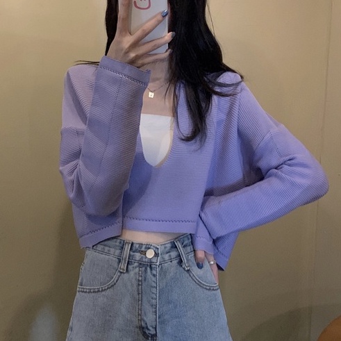 【ZHELIHANGFEI】Áo Dệt Kim Tay Dài Cổ POLO Eo Cao Hở Rốn