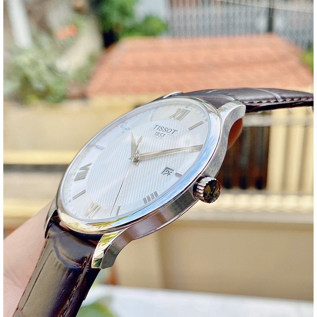 Đồng hồ Nam chính hãng Tissot 1853 Tradition T063.610.16.038.00 Mặt trắng,Lịch ngày-Máy Pin Quartz-Dây da nâu-Size 42mm