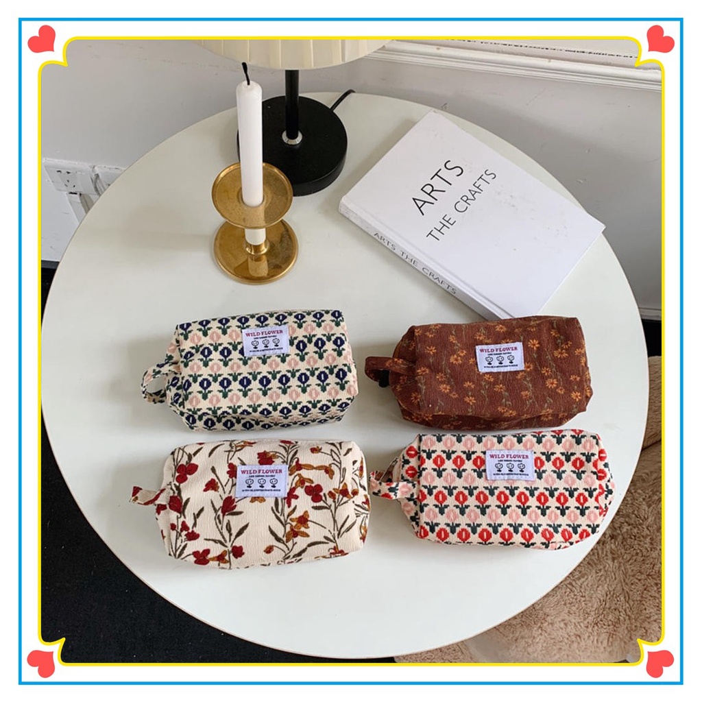 Túi Đựng Bút Chì/ Đồ Trang Điểm Bằng Vải Nhung Kẻ Sọc Caro Và Hoa Thời Trang Hàn Quốc Cho Nữ