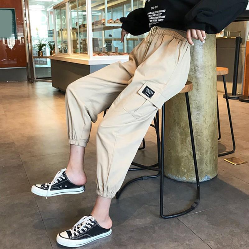 Quần dài lưng cao màu trơn phong cách Harajuku thời trang cho nam và nữ