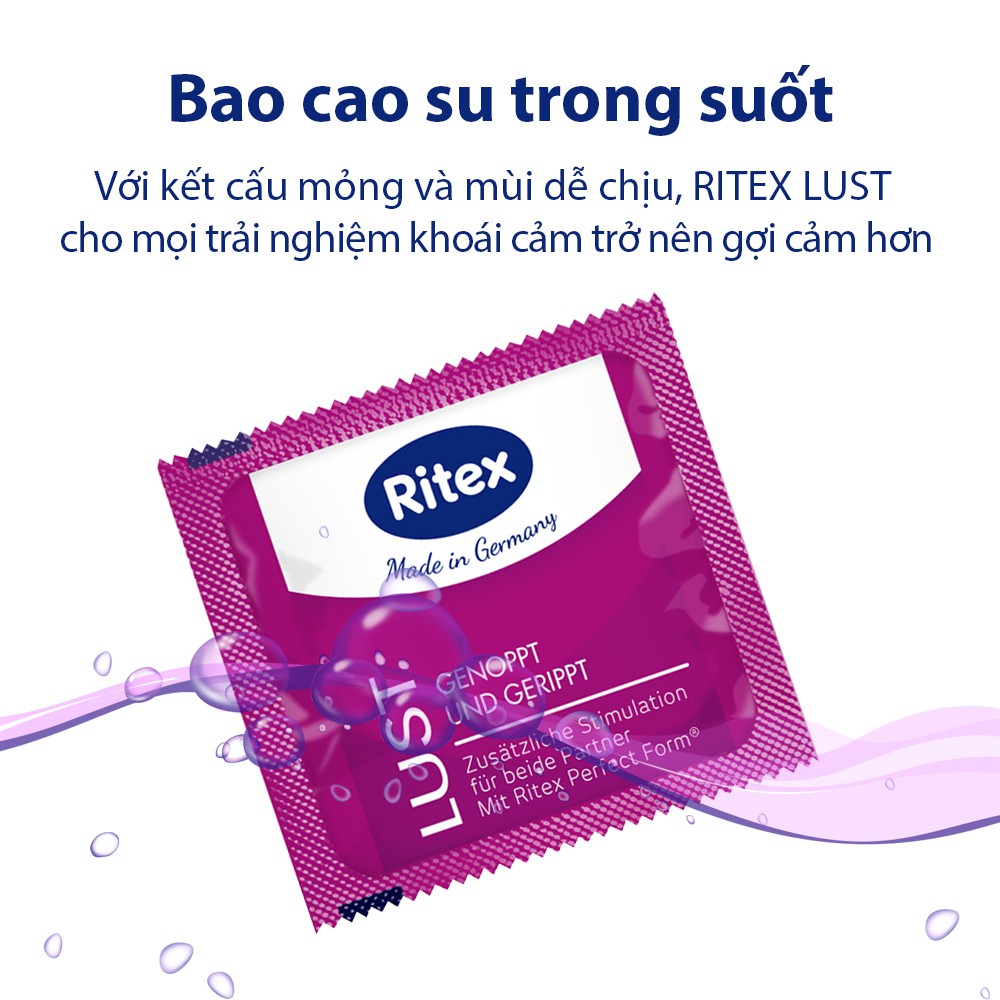 Bao cao su RITEX LUST thiết kế gân và gai tăng khoái cảm Hàng đầu tại Đức (Hộp 3 chiếc) Có che tên RI-LUST3