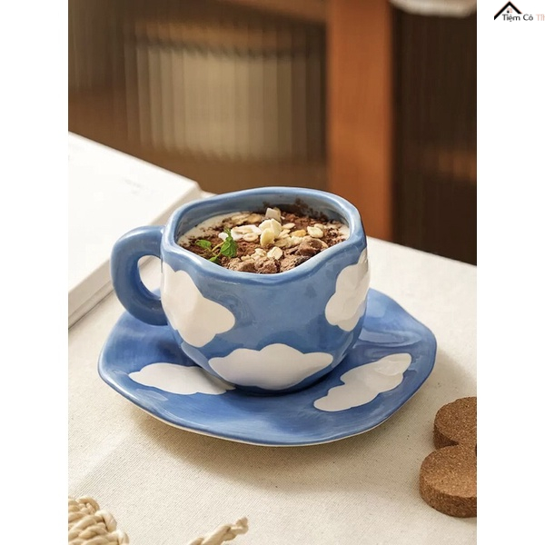 Set tách trà gốm sứ hoạ tiết retro phong cách Hàn Quốc