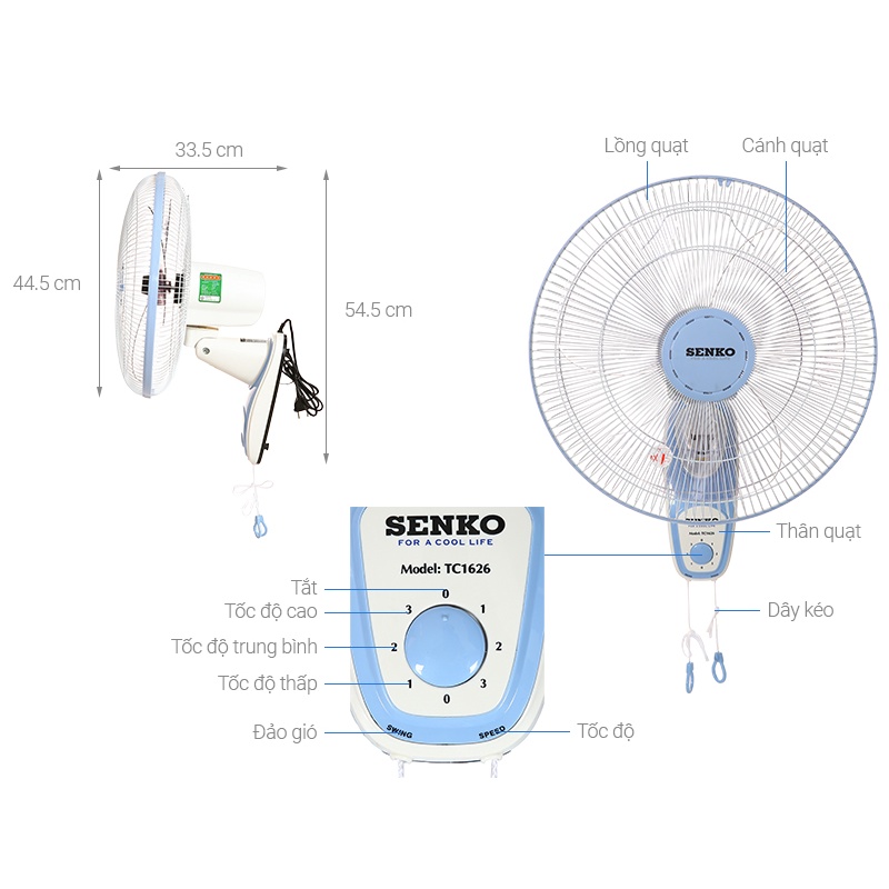 Quạt treo tường SENKO TC1880 | TC1882 | TC1886 | TC16 | TC1622 | TC1626 2 dây rút, (Hàng chính hãng - Bảo hành 12 tháng)