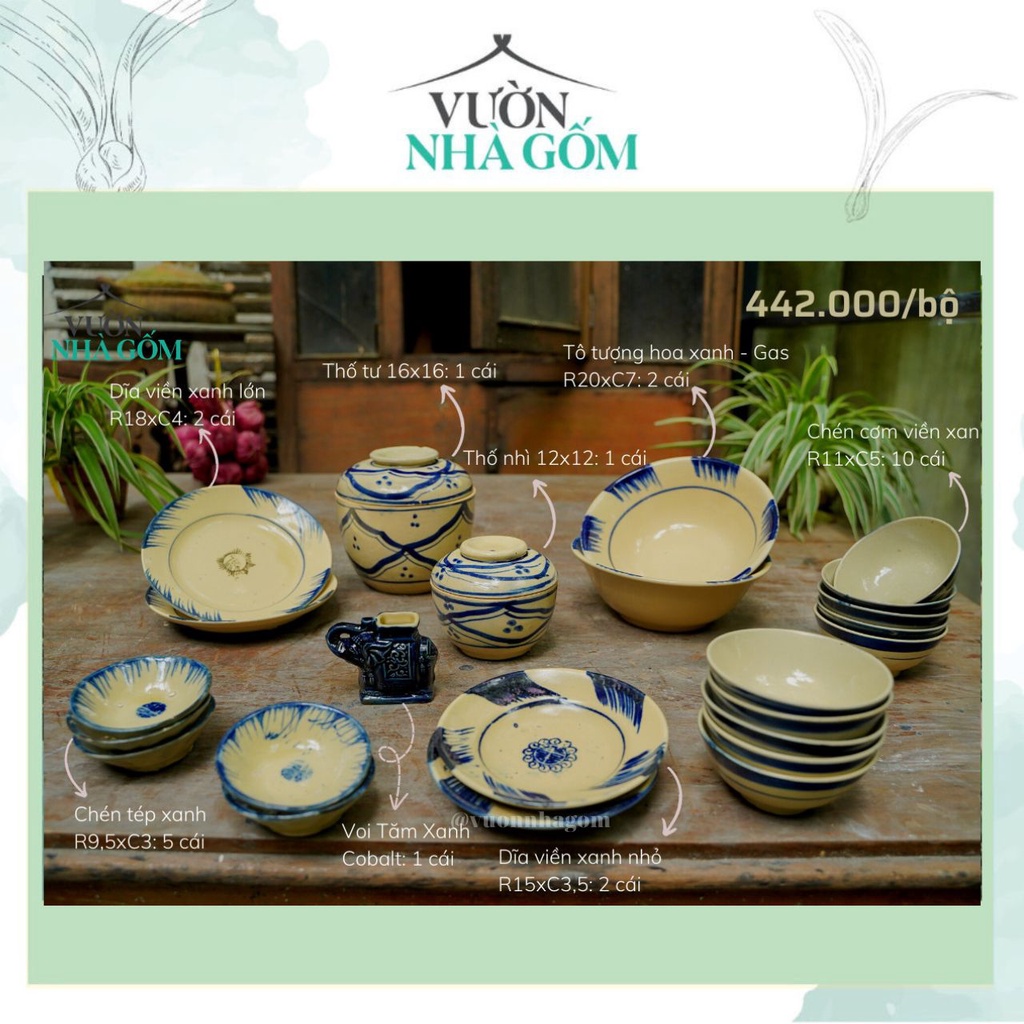 Bộ set chén bát tông xanh (442k) dành cho gia đình- bộ chén bát ăn cơm- Vườn Nhà Gốm