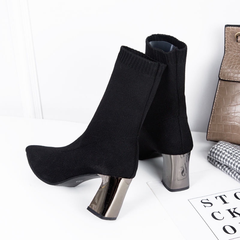 Giày Bốt Cao Gót Dệt Kim Mũi Nhọn Thời Trang Cho Nữ