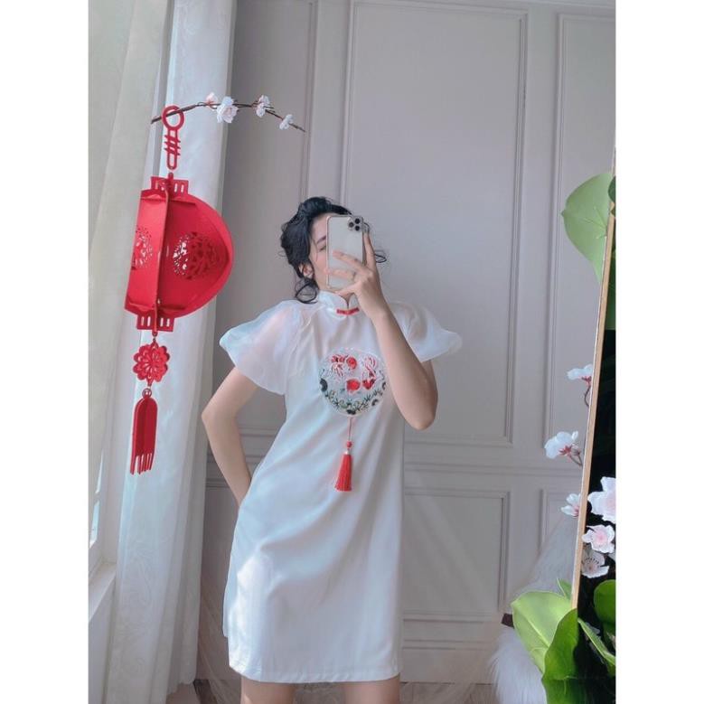 Đầm Suông Cổ Tàu, Đầm Áo Dài Cách Tân Họa Tiết Thêu Hoa Văn Cá Chép Tay Voan Thời Trang Tết. | BigBuy360 - bigbuy360.vn
