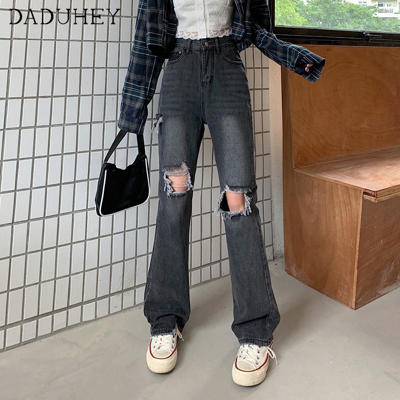 Quần jean nữ Daduhey dáng ôm vừa ống suông cạp cao retro thiết kế rách độc đáo dễ phối đồ thời trang mới mùa hè