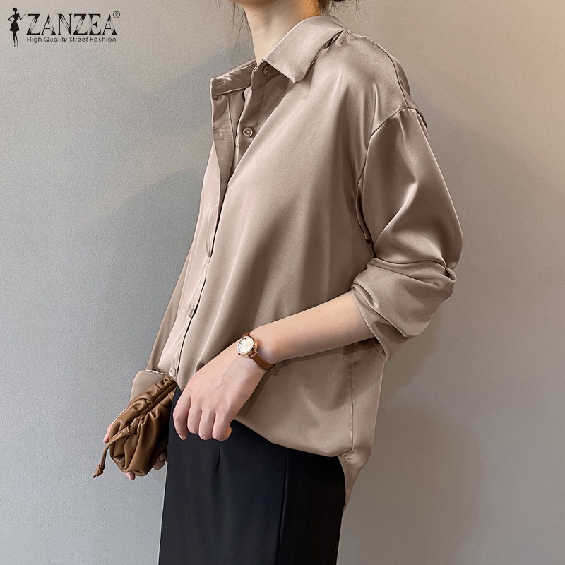 Áo ZANZEA cổ bẻ dài tay màu trơn phong cách Hàn Quốc đơn giản dễ phối đồ