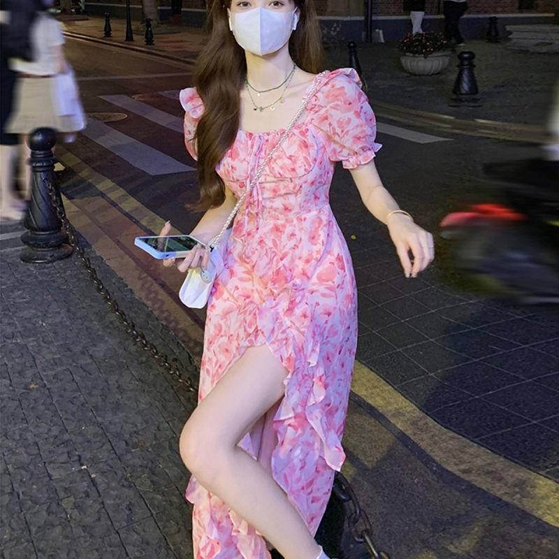 [MURIOKI] Đầm Midi Chữ A Tay Ngắn Phồng Cổ Vuông Họa Tiết Hoa Phong Cách Hàn Quốc Thời Trang Cho Nữ