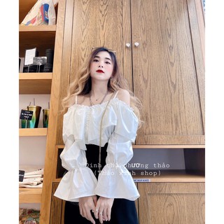 Áo kiểu trắng rớt vai tay bo🌟