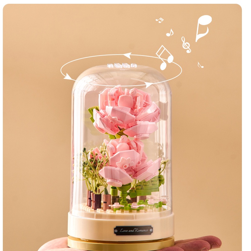 Đồ chơi lắp ráp DIY hoa Hồng phấn kèm hộp nhạc có chuyển động hãng Jaki-jk2676