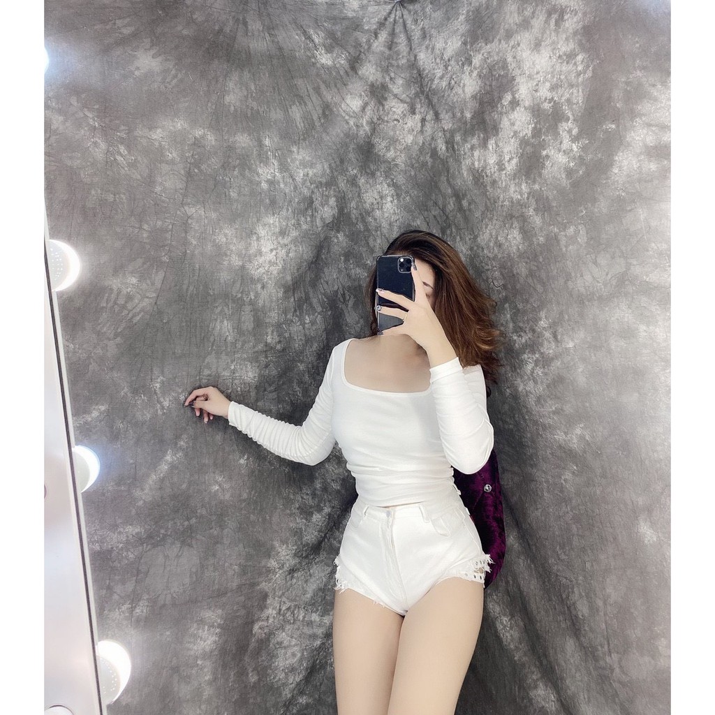 Áo kiểu croptop nhúm tay cổ vuông chất thun thái đẹp mẫu hot