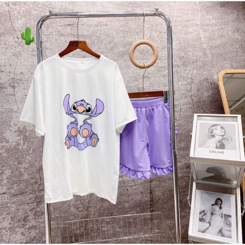 Sét bộ quần bèo TÍM kết hợp áo thun phôm rộng in hình PC