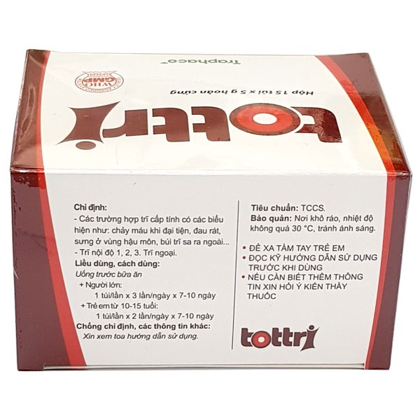 Tottri - Hỗ trợ cải thiện bệnh trĩ, làm co các búi trĩ, tăng sức bền thành mạch (Hộp 15 túi 5g)