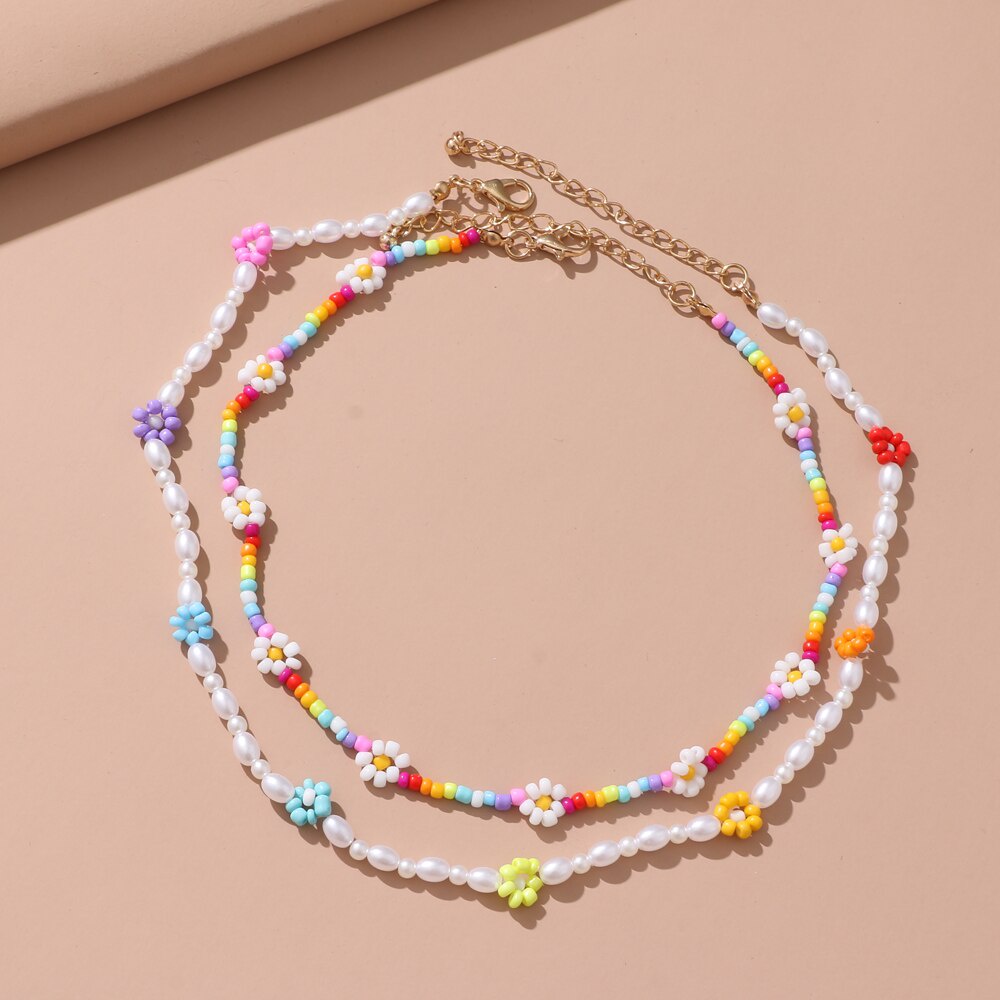 Vòng cổ choker hai lớp đính hạt ngọc trai và hoa nhiều màu sắc phong cách Bohemian Y2K cho nữ