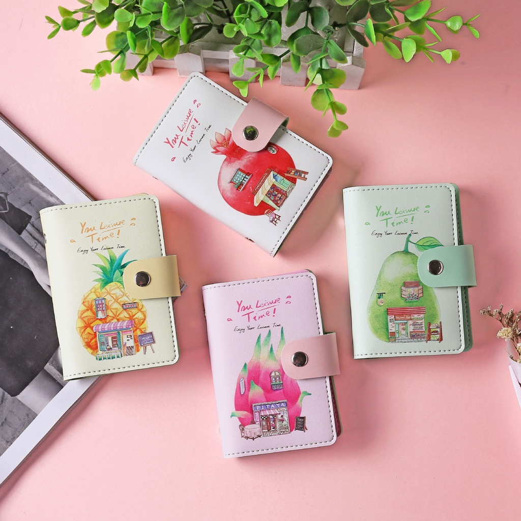 Ví Da PU Đựng Thẻ / Tiền Xu / Thẻ Có Khóa Cài Họa Tiết Hoạt Hình Kiểu Hàn Quốc Cho Nữ Giá Đỡ