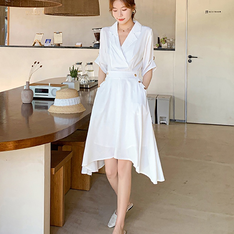 IELGY Đầm Dáng Chữ A Tay Ngắn Cổ Chữ V Màu Trơn Eo Cao Phong Cách Phương Tây Thời Trang Cho Nữ